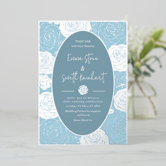 Blue Rozen bruiloft Folie uitnodiging (Staand Voorkant)