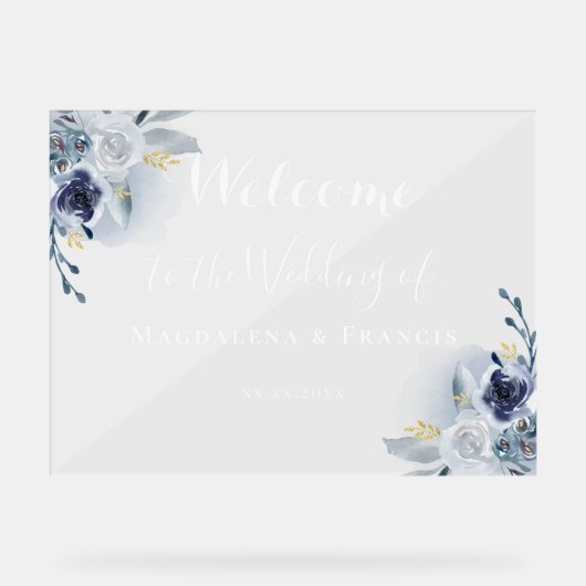 Blue rozen bruiloft welkom acryl bord (Voorkant)