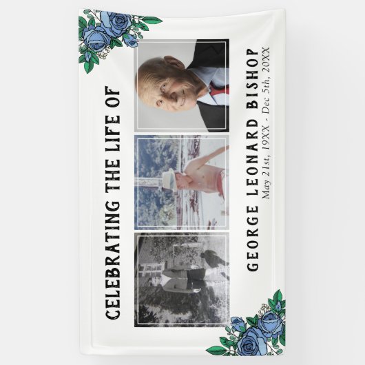 Blue Rozen Celebration of Life 3 Photos Funeral Spandoek (Verticaal)