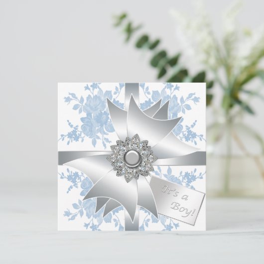 Blue Rozen Classy Bow Gift Boy Shower Kaart (Staand voorkant)