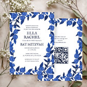 Blue Rozen Custom Bat Bar Mitzvah QR Code Meisje Kaart