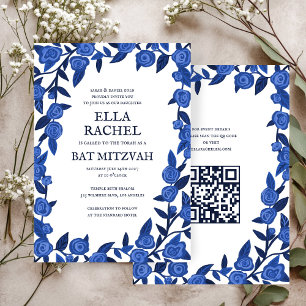 Blue Rozen Custom Bat Bar Mitzvah QR Code Meisje Kaart