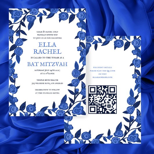 Blue Rozen Custom Bat Bar Mitzvah QR Code Meisje Kaart