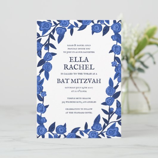 Blue Rozen Custom Bat Bar Mitzvah QR Code Meisje Kaart (Staand voorkant)