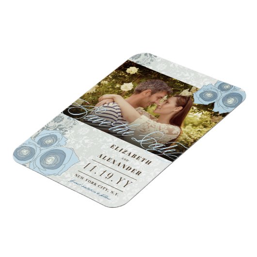 Blue Rozen Damask foto Save the Date Magnet Magneet (Linkerzijde)