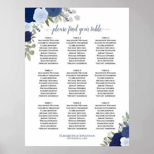 Blue Rozen Elegant 9 Table Wedding Seding Chart Poster (Voorkant)