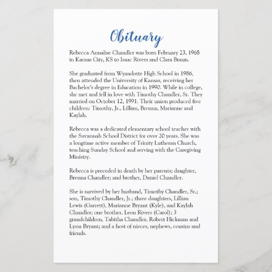 Blue Rozen Funeral Memorial Card | 5,5 x 8,5 inch (Achterkant)