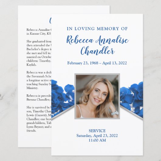 Blue Rozen Funeral Memorial Card | 5,5 x 8,5 inch (Voorkant / Achterkant)