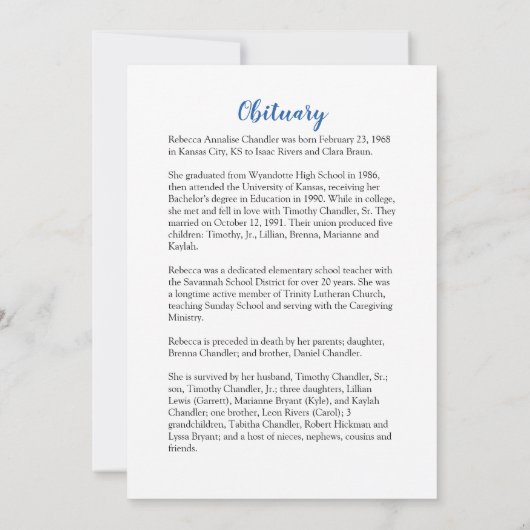 Blue Rozen Funeral Memorial Card Kaart (Achterkant)