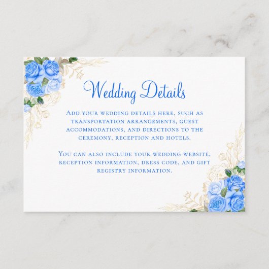Blue Rozen Gold Floral Weddenschap Enclosure Card Informatiekaartje (Voorkant)
