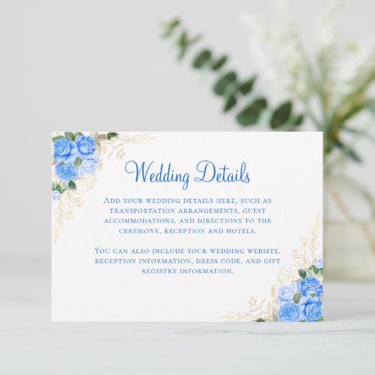 Blue Rozen Gold Floral Weddenschap Enclosure Card Informatiekaartje (Staand voorkant)