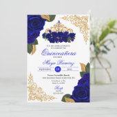 Blue Rozen Gold Glitter Lijsten Tiara Quinceañera Kaart (Staand voorkant)