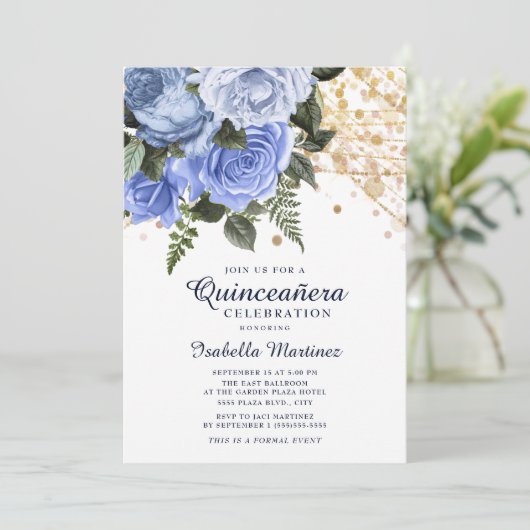 Blue Rozen Gold Glitter String Lights Quinceañera Kaart (Staand voorkant)