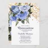 Blue Rozen Gold Glitter String Lights Quinceañera Kaart (Voorkant / Achterkant)