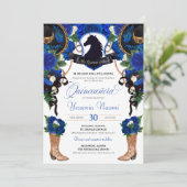 Blue Rozen Horse Crest Elegant Charro Quinceanera Kaart (Staand voorkant)