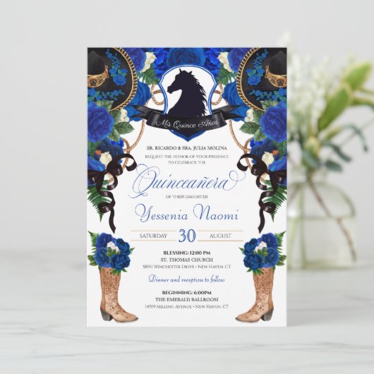 Blue Rozen Horse Crest Elegant Charro Quinceanera Kaart (Staand voorkant)