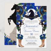 Blue Rozen Horse Crest Elegant Charro Quinceanera Kaart (Voorkant / Achterkant)