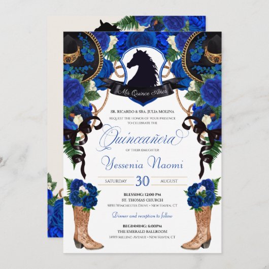 Blue Rozen Horse Crest Elegant Charro Quinceanera Kaart (Voorkant / Achterkant)