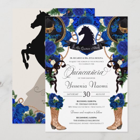Blue Rozen Horse Crest Elegant Charro Quinceanera Kaart (Voorkant / Achterkant)