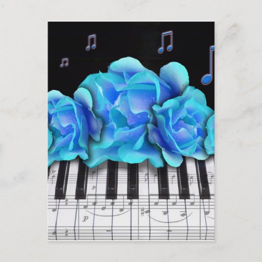 Blue Rozen Piano-toetsenbord en Muzieknoten Briefkaart (Voorkant)