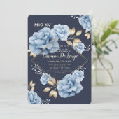 Blue Rozen Quinceañera Uitnodiging (Staand voorkant)