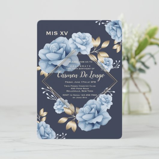 Blue Rozen Quinceañera Uitnodiging (Staand voorkant)
