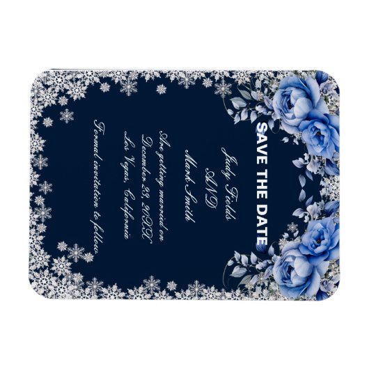 Blue Rozen Snowflake Christmas Bewaar de datum Magneet (Horizontaal)