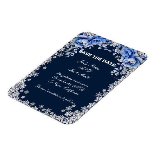 Blue Rozen Snowflake Christmas Bewaar de datum Magneet (Linkerzijde)