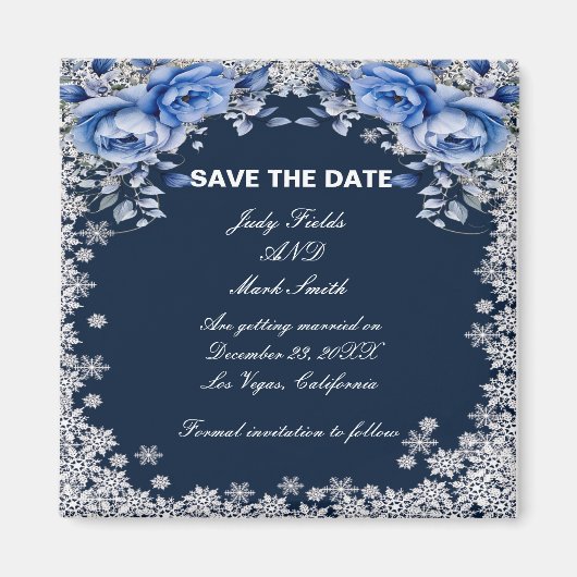Blue Rozen Snowflake Christmas Bewaar de datum Magneet (Voorkant)