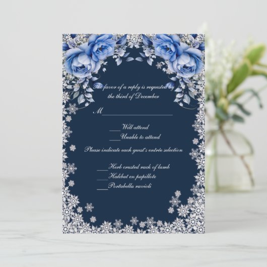 Blue Rozen Snowflake Christmas Wedding Response Kaart (Staand voorkant)