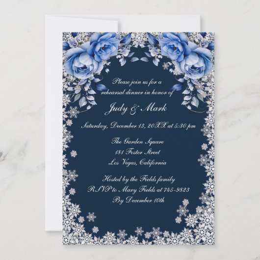 Blue Rozen Snowflake Kerst repetitie Diner Kaart (Voorkant)