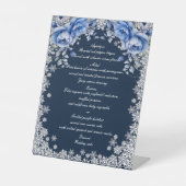 Blue Rozen Snowflake Kerst Trouwmenu Reclamebord Met Voetstuk (Voorkant)