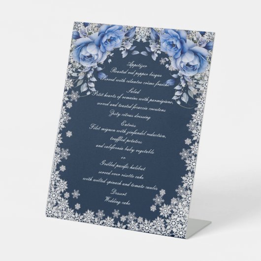 Blue Rozen Snowflake Kerst Trouwmenu Reclamebord Met Voetstuk (Voorkant)