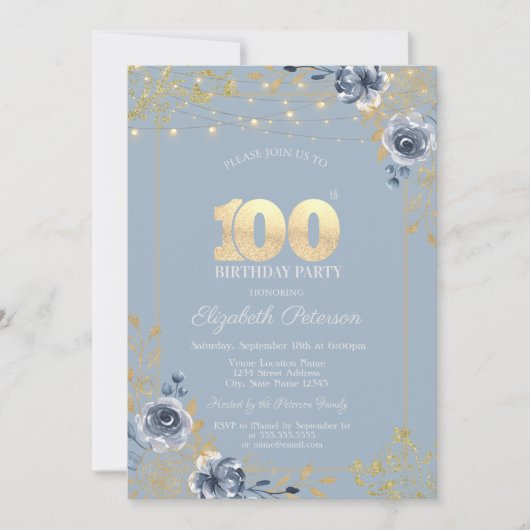 Blue Rozen String Lights Dusty Blue 100th Birthday Kaart (Voorkant)