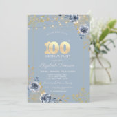 Blue Rozen String Lights Dusty Blue 100th Birthday Kaart (Staand voorkant)