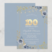 Blue Rozen String Lights Dusty Blue 100th Birthday Kaart (Voorkant / Achterkant)