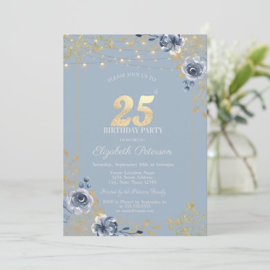 Blue Rozen String Lights Dusty Blue 25th Birthday Kaart (Staand voorkant)