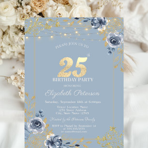 Blue Rozen String Lights Dusty Blue 25th Birthday Kaart