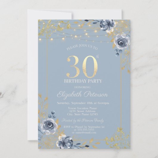 Blue Rozen String Lights Dusty Blue 30th Birthday Kaart (Voorkant)