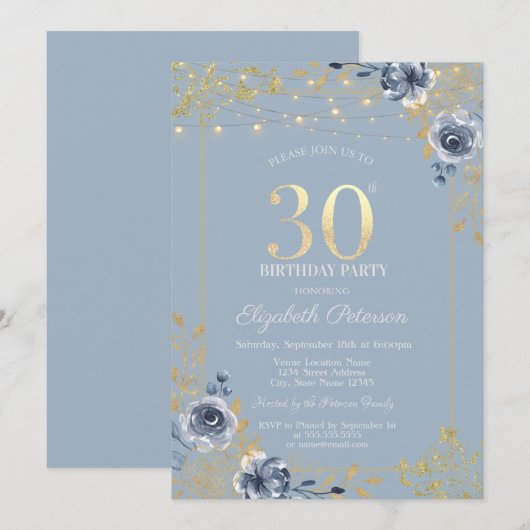 Blue Rozen String Lights Dusty Blue 30th Birthday Kaart (Voorkant / Achterkant)