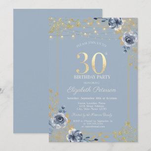 Blue Rozen String Lights Dusty Blue 30th Birthday Kaart