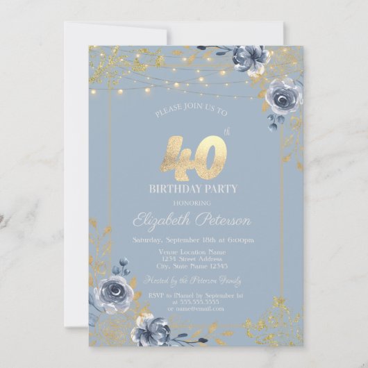 Blue Rozen String Lights Dusty Blue 40th Birthday Kaart (Voorkant)