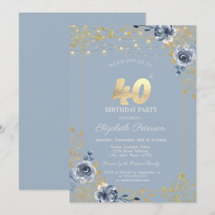 Blue Rozen String Lights Dusty Blue 40th Birthday Kaart