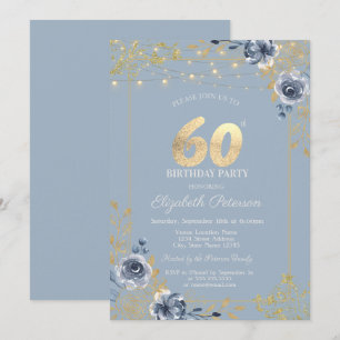 Blue Rozen String Lights Dusty Blue 60th Birthday Kaart