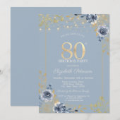 Blue Rozen String Lights Dusty Blue 80th Birthday Kaart (Voorkant / Achterkant)