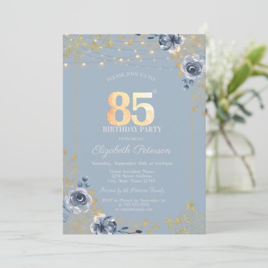 Blue Rozen String Lights Dusty Blue 85th Birthday Kaart (Staand voorkant)