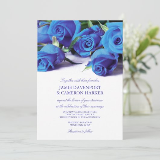 Blue Rozen Wedding Invite Kaart (Staand voorkant)