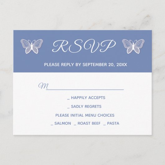 Blue RSVP Butterfly Wedding Butterflies Uitnodiging Briefkaart (Voorkant)