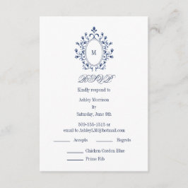 BLUE RSVP card Monogram With 2 Entree Choice Informatiekaartje