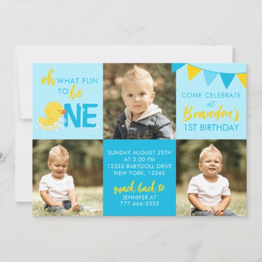 Blue Rubber Duck 3 foto Verjaardag Uitnodiging (Voorkant)